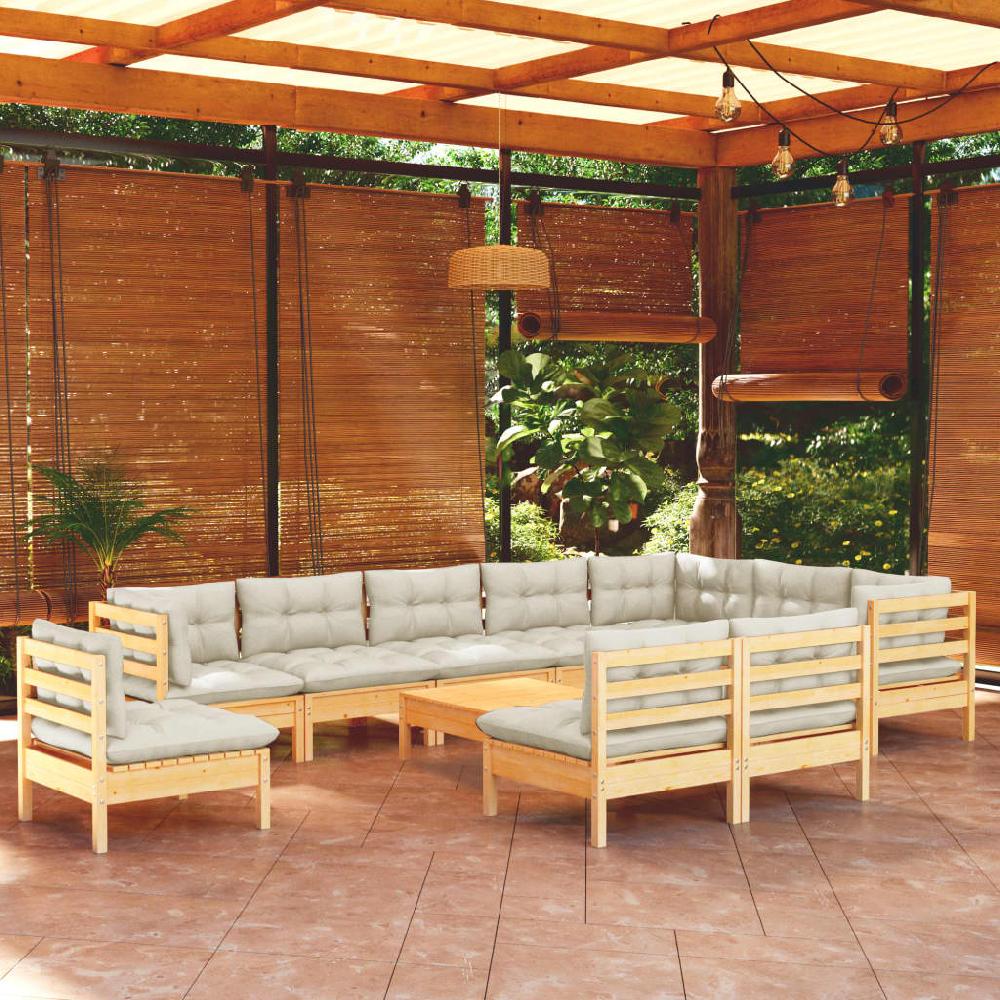 vidaXL Muebles de jardín 11 pzas y cojines madera maciza de pino crema