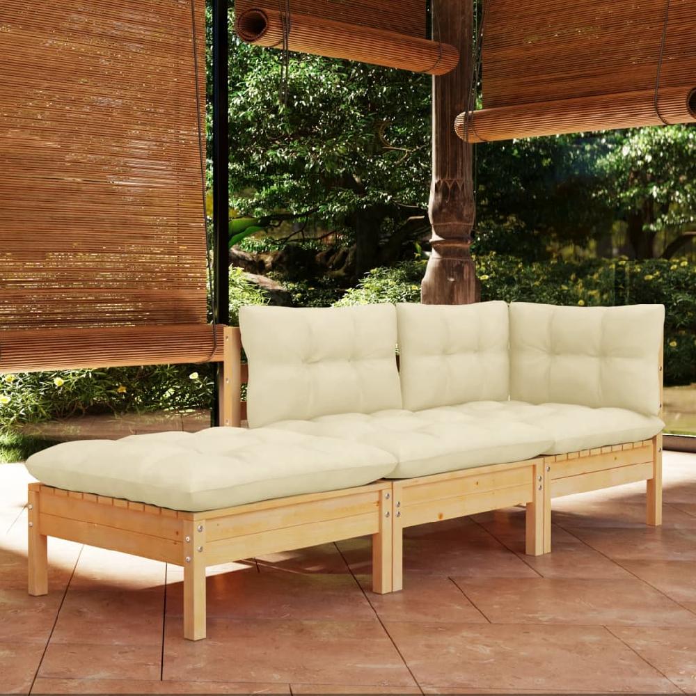 vidaXL Muebles de jardín 3 piezas cojines madera maciza de pino crema