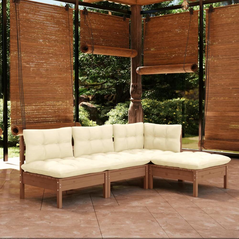 vidaXL Muebles de jardín 4 pzas y cojines madera de pino marrón miel