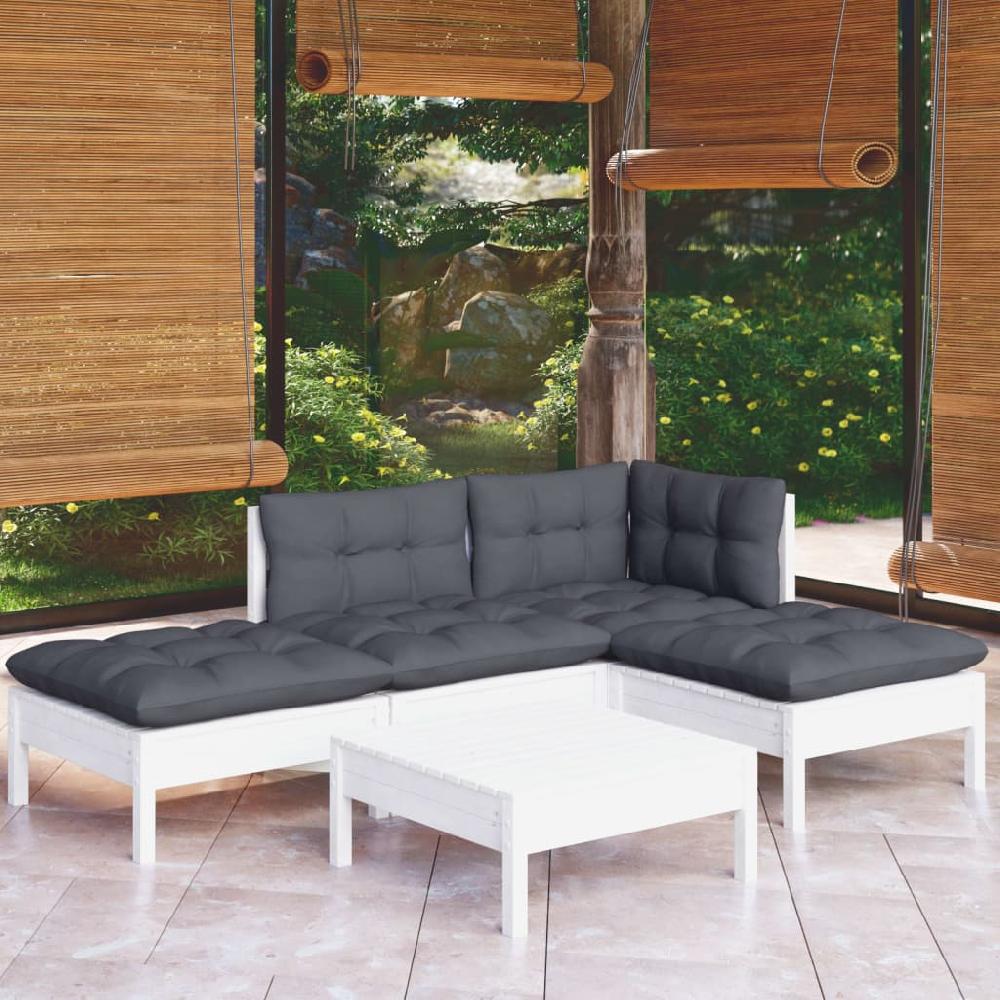vidaXL Muebles de jardín 5 pzas con cojines blanco madera de pino