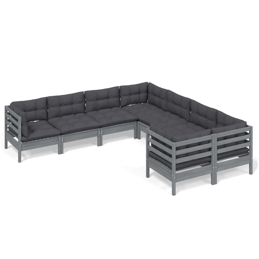 VidaXL Muebles De Jardín 8 Pzas Y Cojines Gris Madera Maciza De Pino