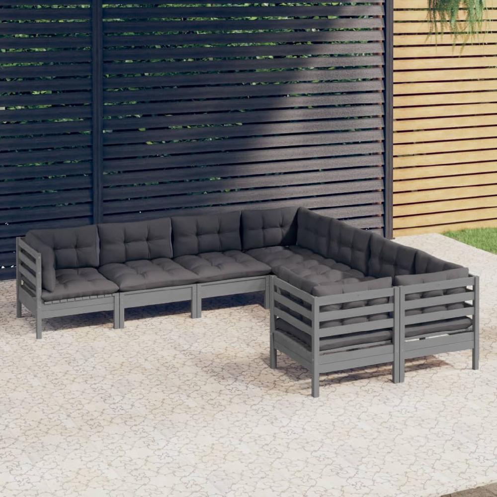vidaXL Muebles de jardín 8 pzas y cojines gris madera maciza de pino