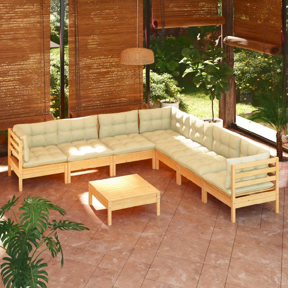 vidaXL Muebles de jardín 8 pzas y cojines madera maciza de pino crema
