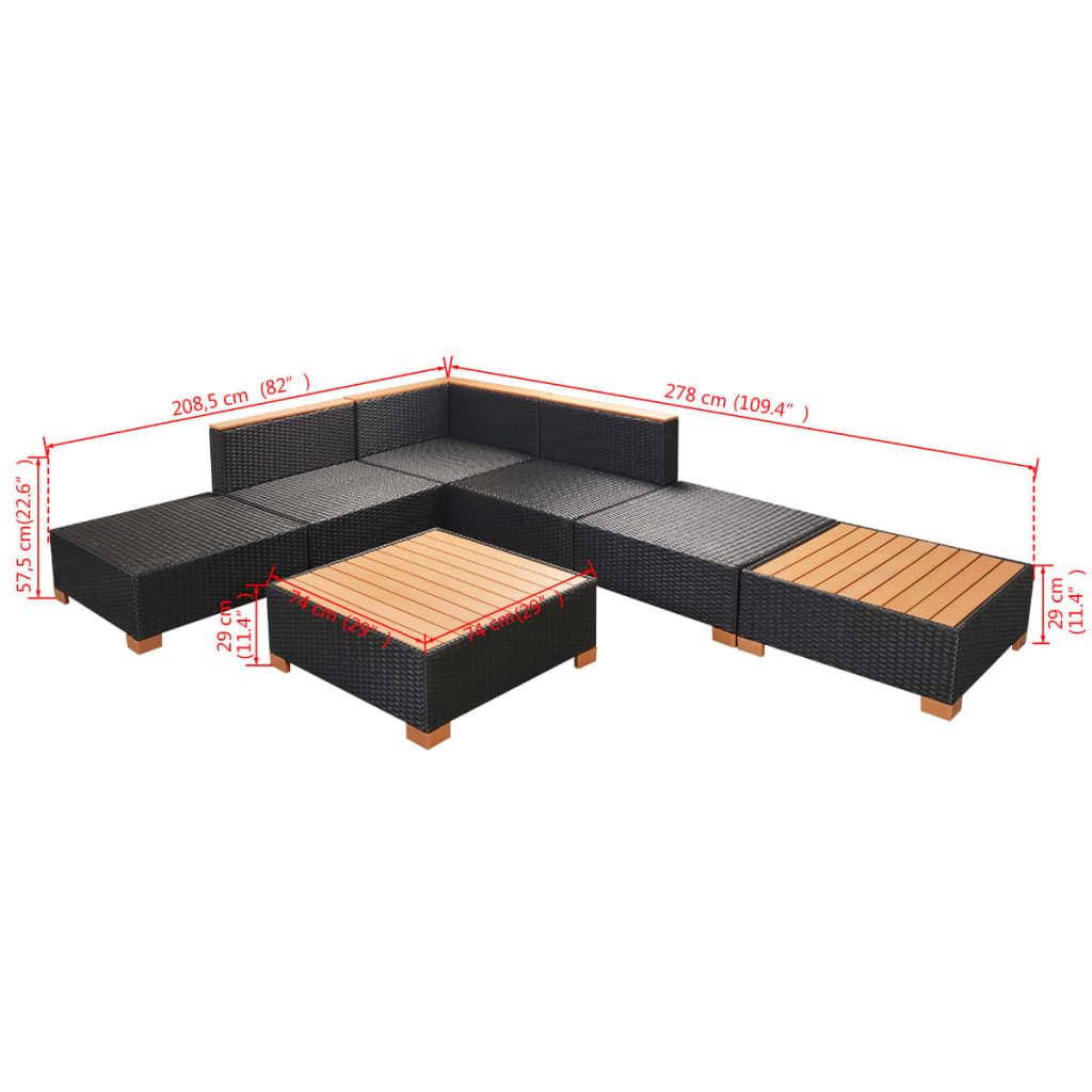 VidaXL Muebles De Jardín Y Cojines 7 Piezas Ratán Sintético Negro