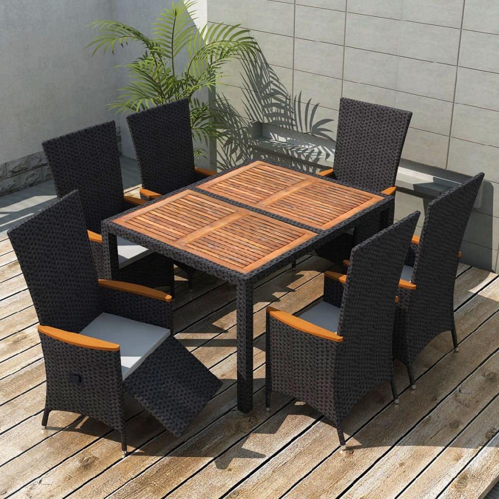 vidaXL Set comedor de jardín 7 piezas ratán sintético y madera negro