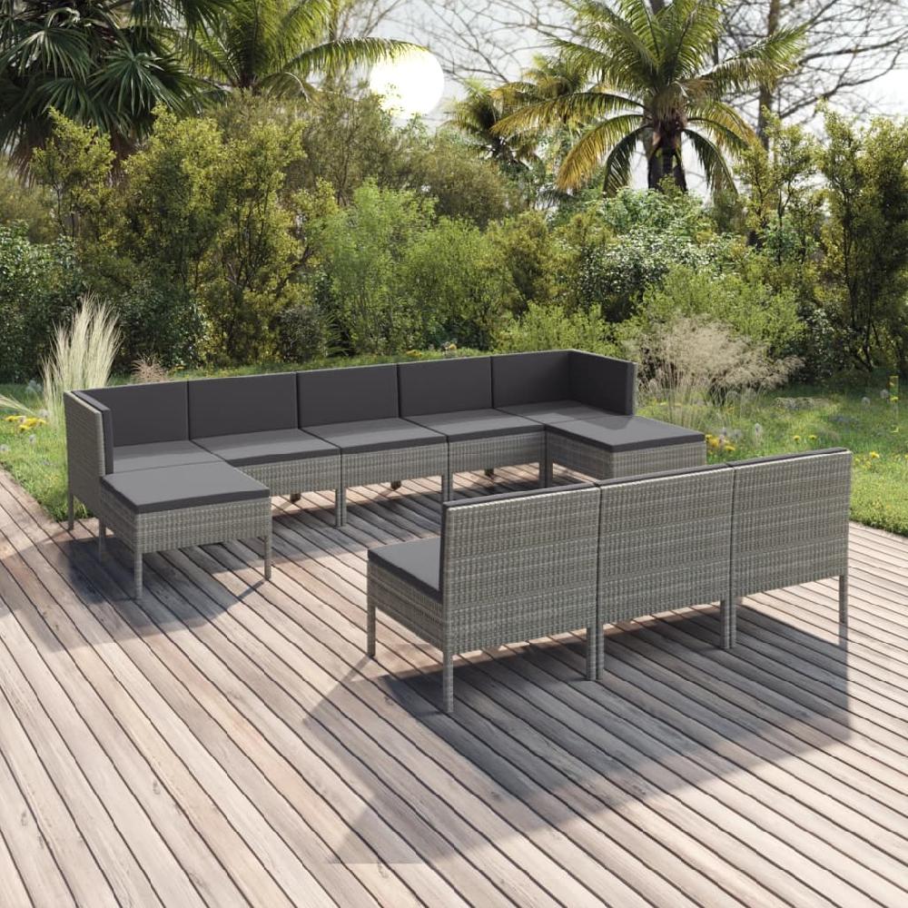 vidaXL Set de muebles de jardín 10 pzas y cojines ratán sintético gris