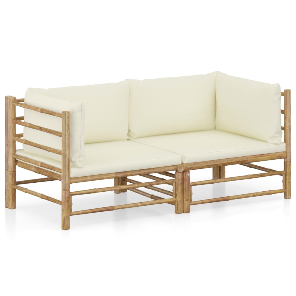 vidaXL Set de muebles de jardín 2 piezas bambú y cojines blanco crema