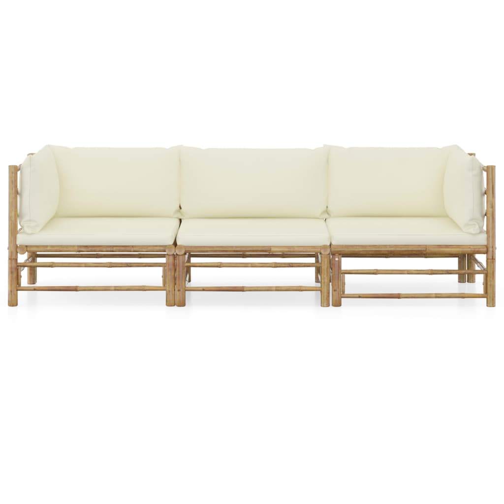 VidaXL Set De Muebles De Jardín 3 Piezas Bambú Y Cojines Blanco Crema