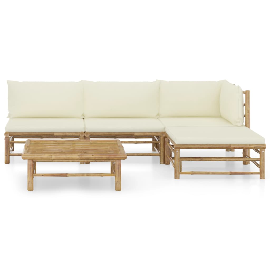 VidaXL Set De Muebles De Jardín 5 Piezas Bambú Y Cojines Blanco Crema