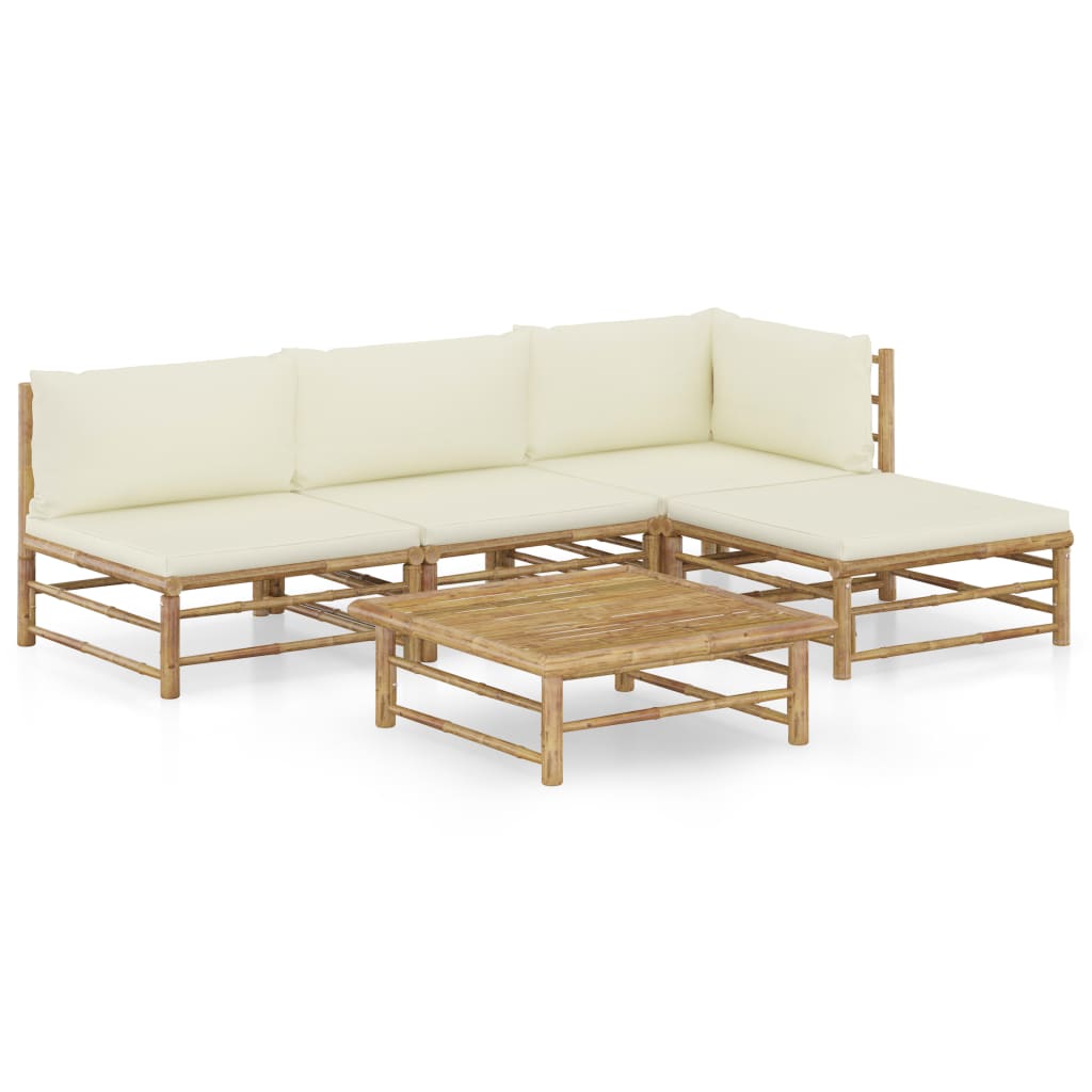 vidaXL Set de muebles de jardín 5 piezas bambú y cojines blanco crema