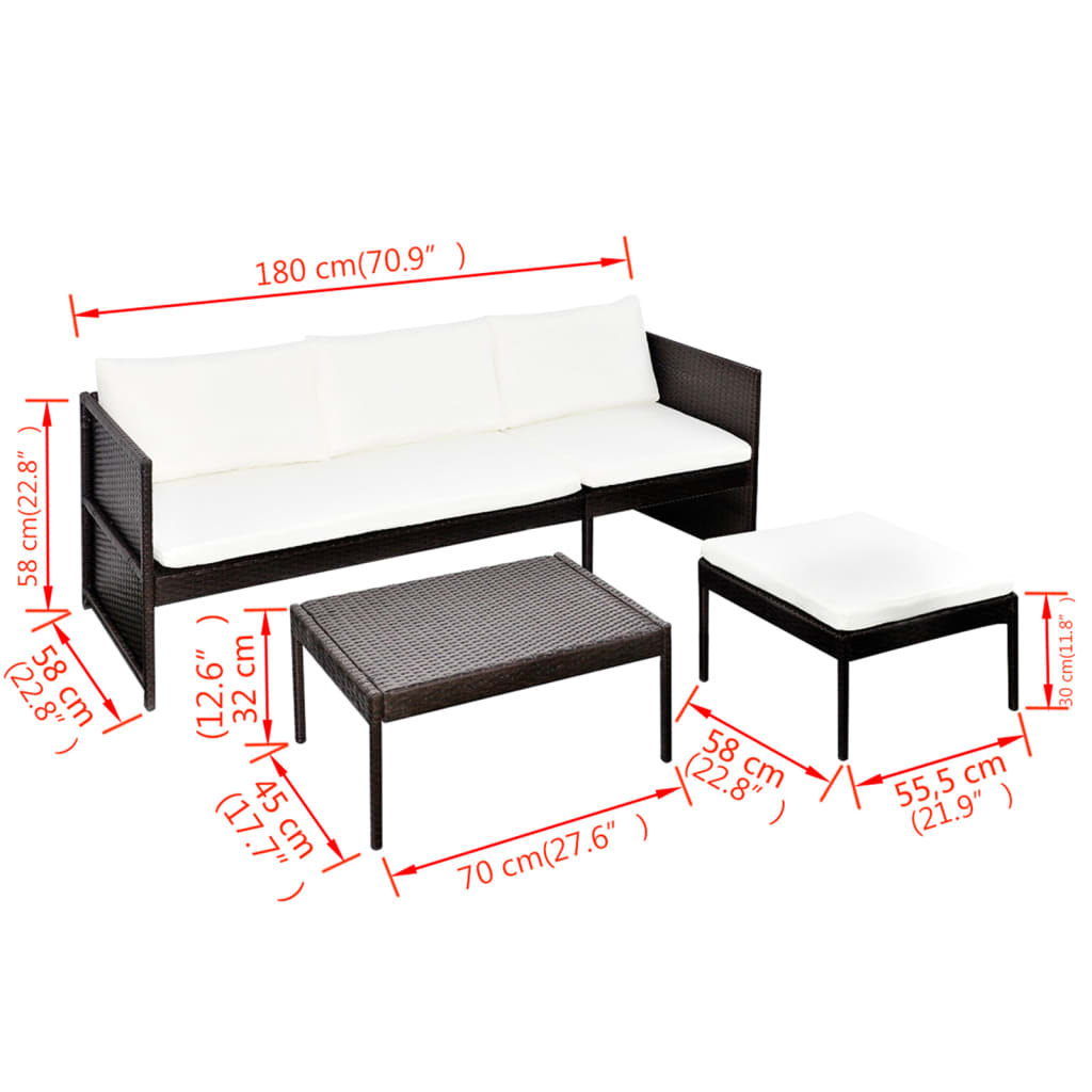 VidaXL Set Muebles De Jardín 3 Pzas Y Cojines Ratán Sintético Marrón