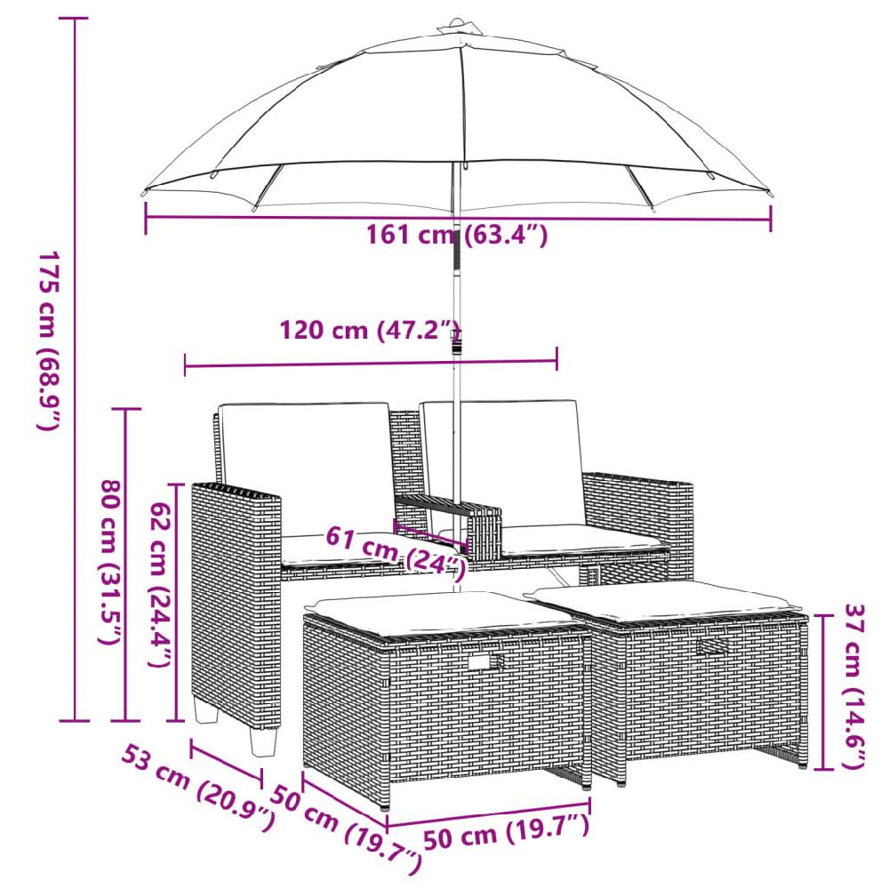 VidaXL Sofá Jardín 2 Plazas Con Sombrilla Y Taburetes Ratán PE Negro
