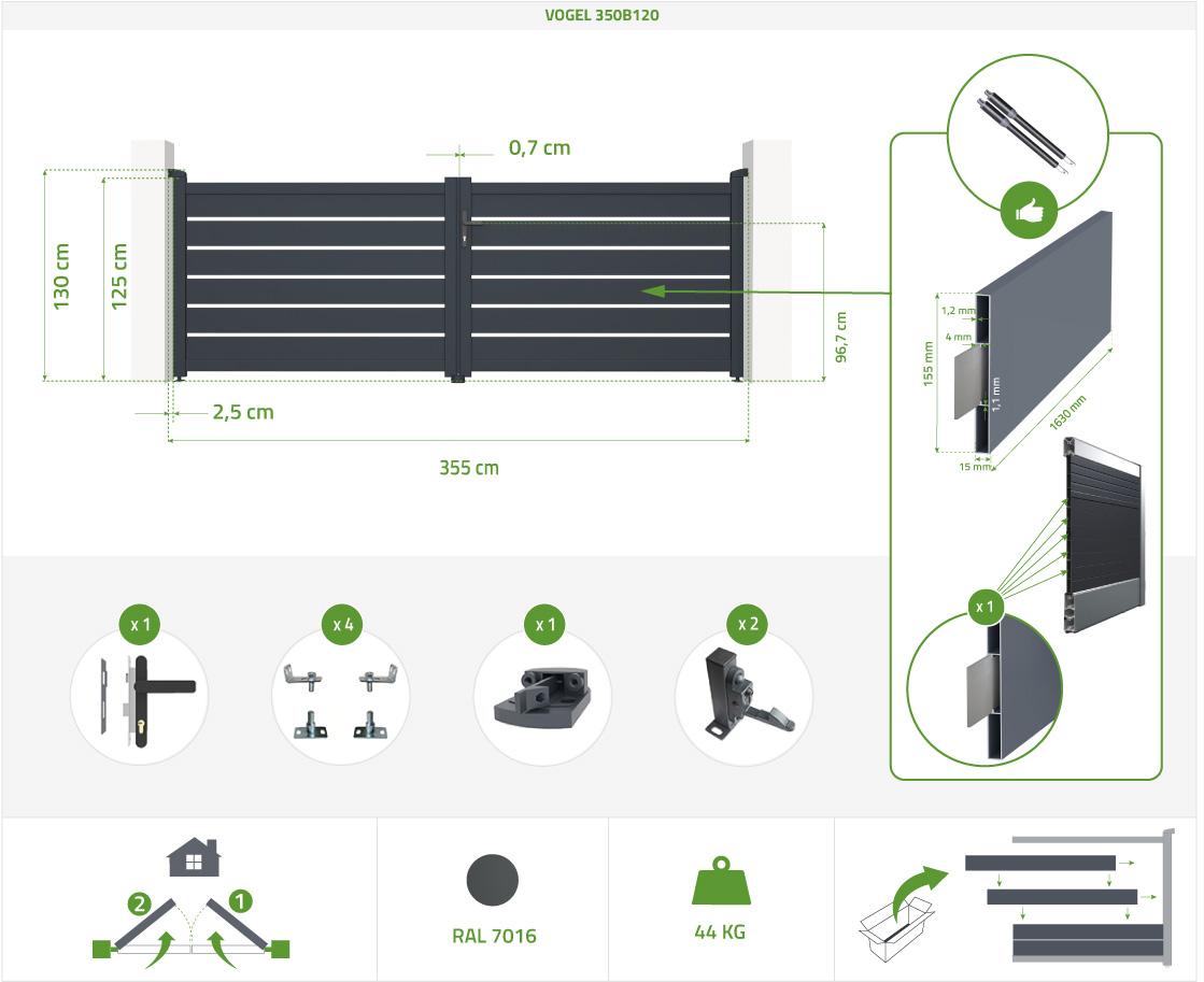 VOGEL 350B120 Portón Eléctrico Batiente Gris + Motor Brazo B500