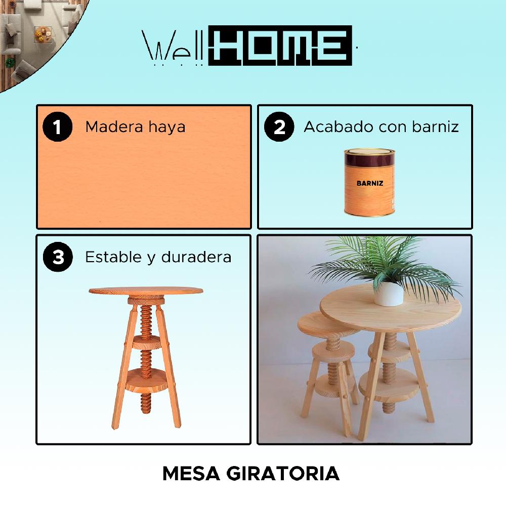 WELL HOME MOBILIARIO & DECORACIÓN Mesa Giratoria En Madera De Pino Acabado En Barniz 59 5x59 5x65 Cm