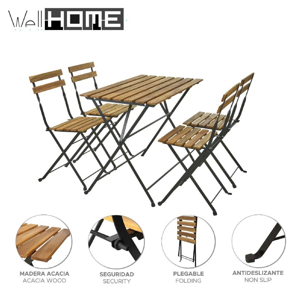 WELLHOME - Juego 'Bistro' De Mesa + 4 Sillas Y Marco De Acero Negro