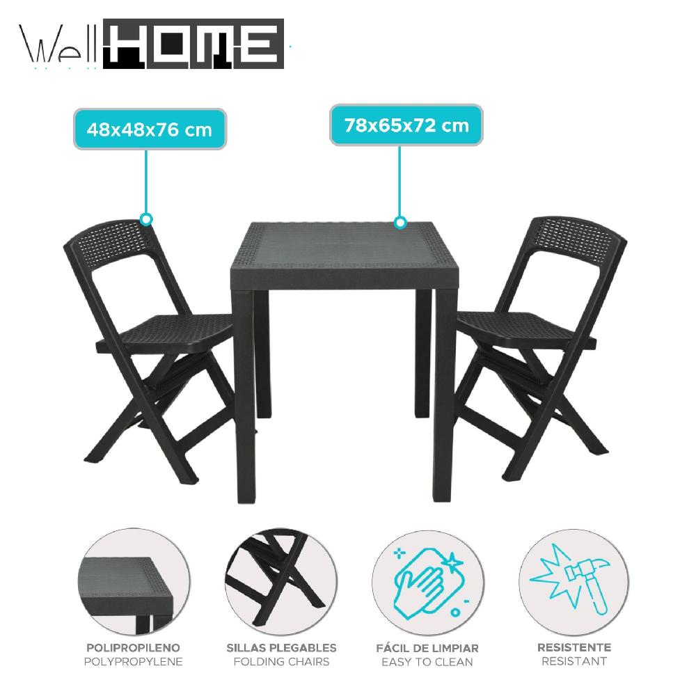 WELLHOME - Set De Jardín 'Poker' De Mesa + 2 Sillas Color Antracita