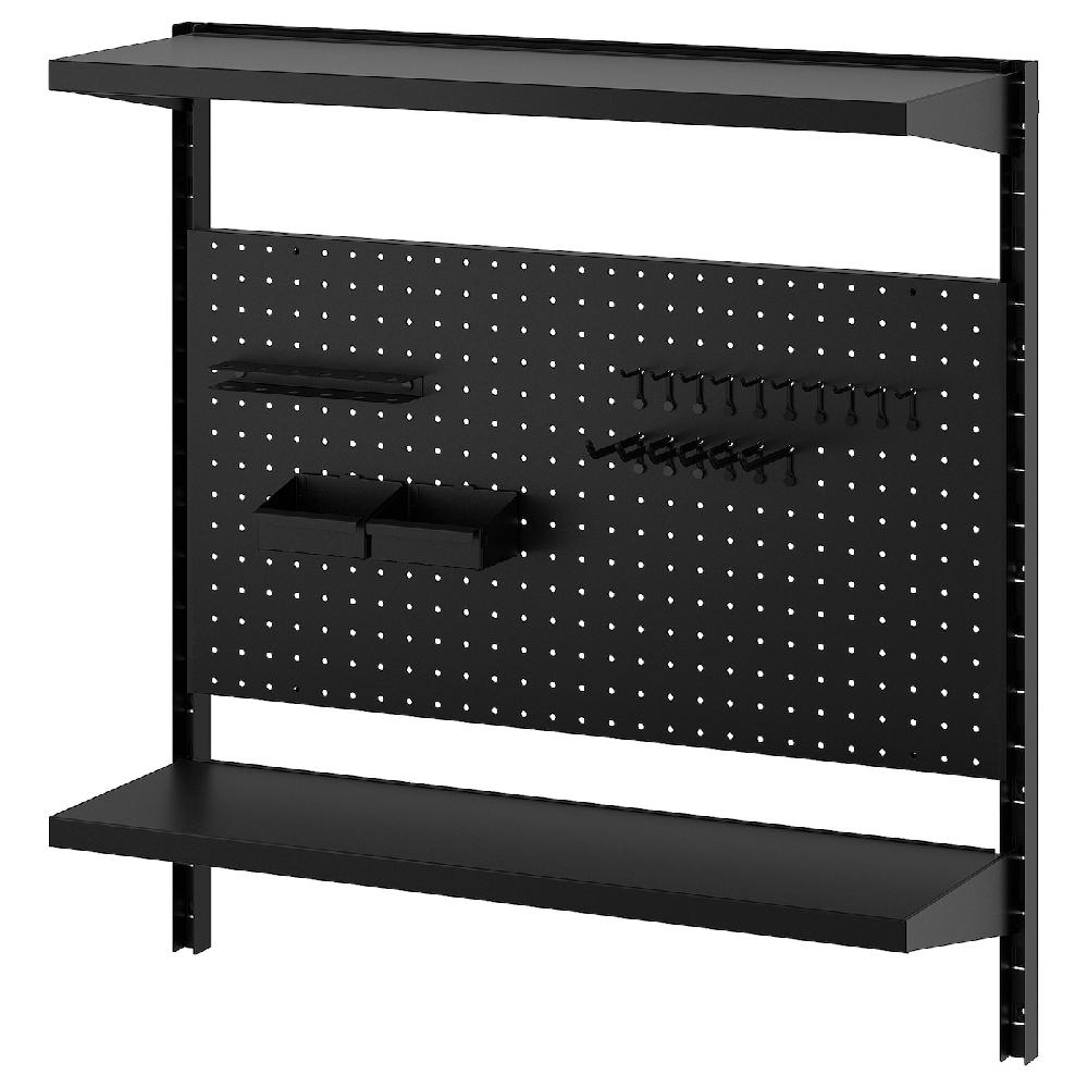IKEA BROR Combinación estantes de pared +tablero perforado/2 baldas/negro 88x30x90 cm
