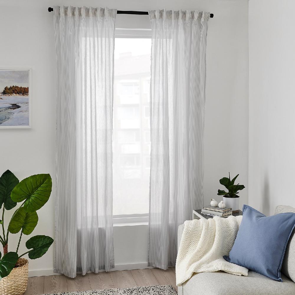 IKEA BYMOTT Cortinas Pack De 2 Unidades Con Cinta De Fruncir/blanco/gris Claro Rayas 120x300 Cm