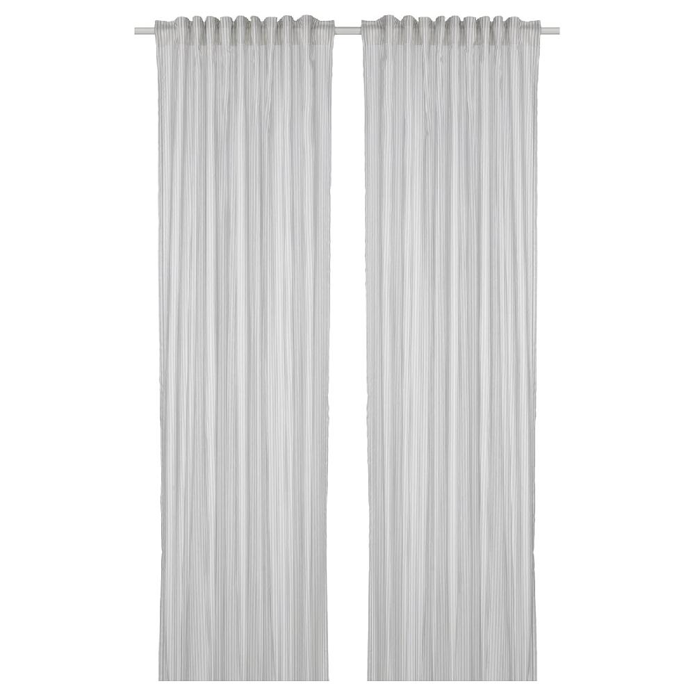 IKEA BYMOTT Cortinas pack de 2 unidades con cinta de fruncir/blanco/gris claro rayas 120x300 cm