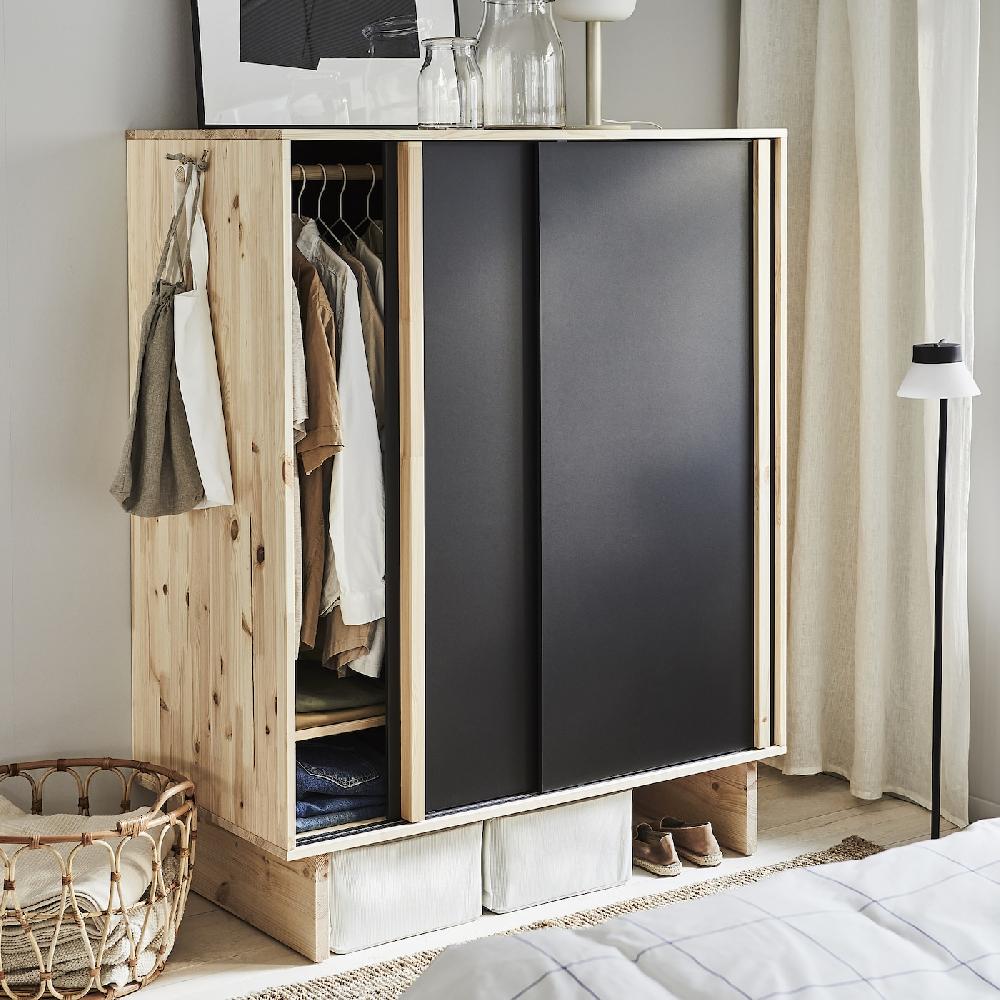 IKEA GLAMBERGET Armario Con 3 Puertas Correderas Pino/negro 117x63x150 Cm