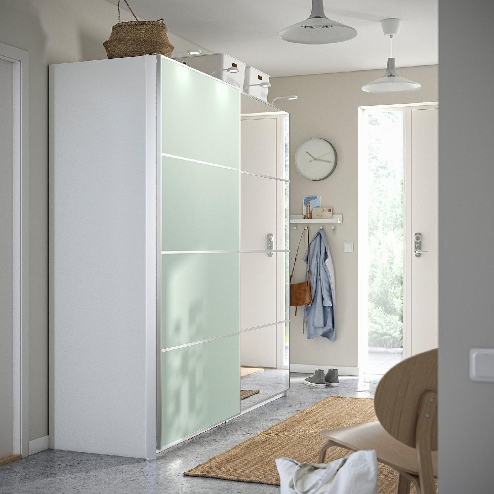 IKEA PAX / MEHAMN/AULI Armario Con Puertas Correderas Blanco Ambos Lados/verde Claro Espejo 200x66x201 Cm