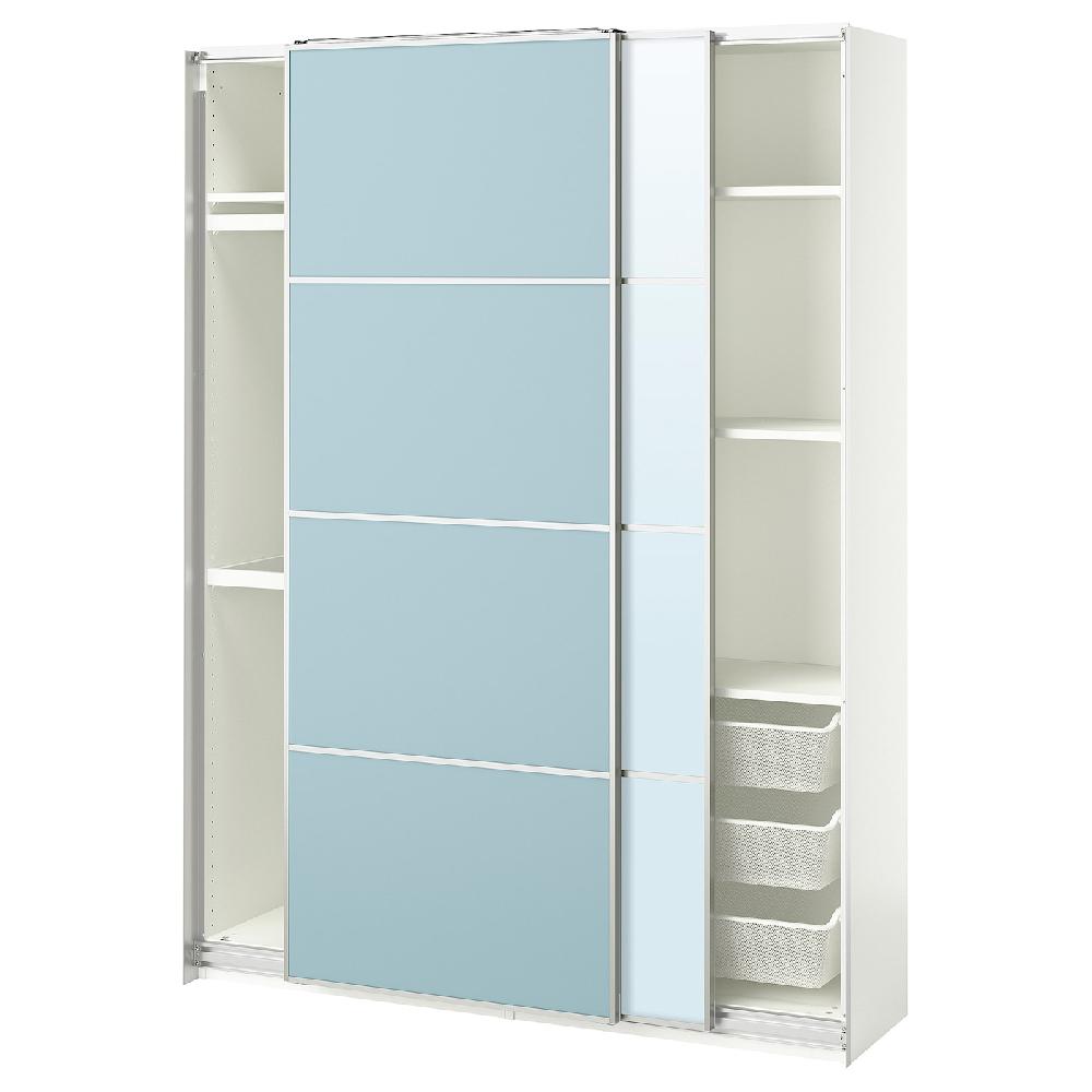 IKEA PAX / MEHAMN/AULI Armario con puertas correderas blanco ambos lados/azul claro espejo 150x43x201 cm