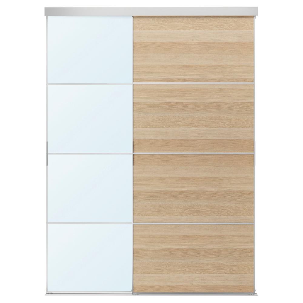 IKEA SKYTTA / MEHAMN/AULI Puerta corredera combi aluminio ambos lados/efecto roble tinte blanco espejo 177x240 cm