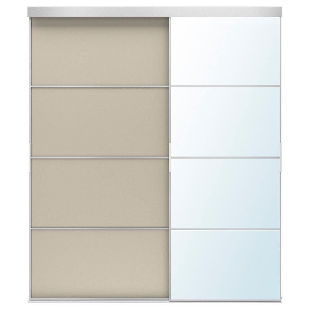 IKEA SKYTTA / MEHAMN/AULI Puerta corredera combi aluminio ambos lados/beige grisáceo espejo 177x205 cm