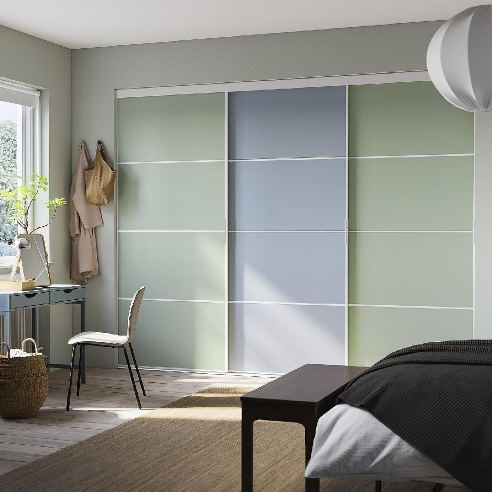 IKEA SKYTTA / PAX Vestidor+puertas Correderas Blanco Ambos Lados/Mehamn Azul Claro/verde Claro 301x160x240 Cm