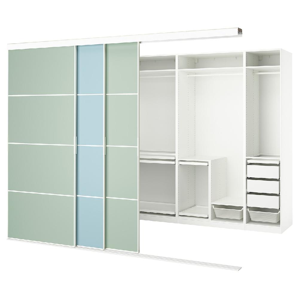 IKEA SKYTTA / PAX Vestidor+puertas correderas blanco ambos lados/Mehamn azul claro/verde claro 301x160x240 cm