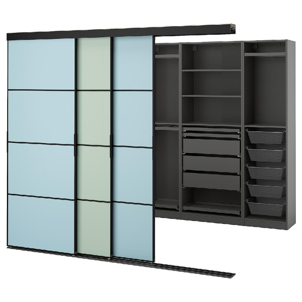IKEA SKYTTA / PAX Vestidor+puertas correderas negro gris oscuro/Mehamn azul claro/verde claro 251x115x205 cm