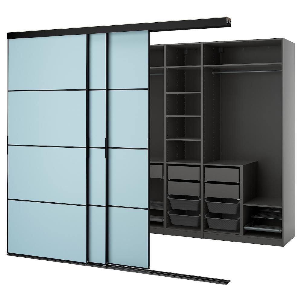 IKEA SKYTTA / PAX Vestidor+puertas correderas negro gris oscuro/Mehamn azul claro 276x160x240 cm