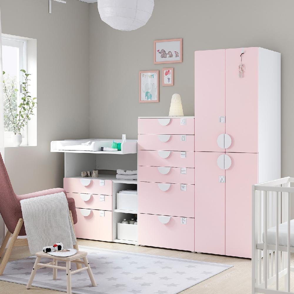 IKEA SMÅSTAD / PLATSA Combinación De Almacenaje Blanco Rosa Claro/con Mesa Cambiador 210x79x181 Cm