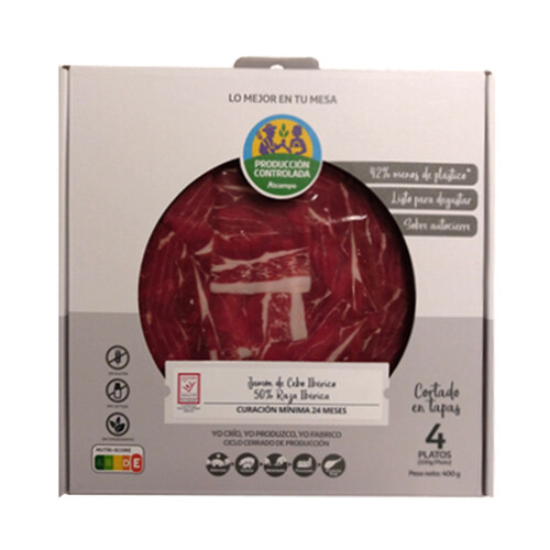 Alcampo ALCAMPO CULTIVAMOS LO BUENO Estuche con sobres de jamón de cebo ibérico (50% raza ibérica) cortado en tapas 4 x 100 g