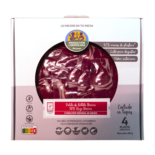 Alcampo ALCAMPO CULTIVAMOS LO BUENO Paleta de bellota ibérica (50% raza ibérica) cortada en tapas 4 sobres de 100 g