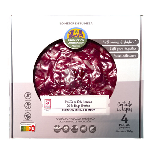 Alcampo ALCAMPO CULTIVAMOS LO BUENO Paleta de cebo ibérica (50% raza ibérica) cortada en tapas 4 sobres de 100 g