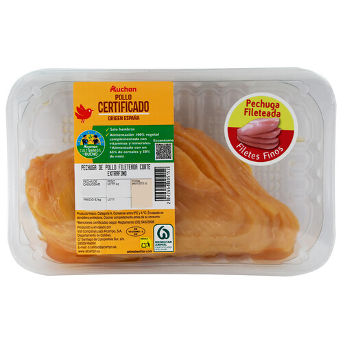 Alcampo ALCAMPO CULTIVAMOS LO BUENO Pechuga de pollo certificado cortada en filetes finos Bandeja