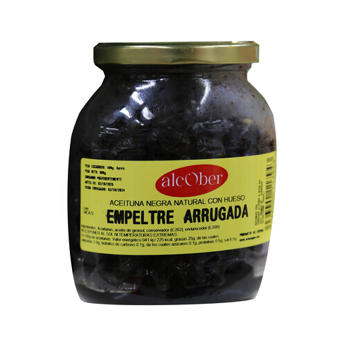 Alcampo ALCOBER Aceituna negra Aragón empeltre arrugada c/aceite 400 g