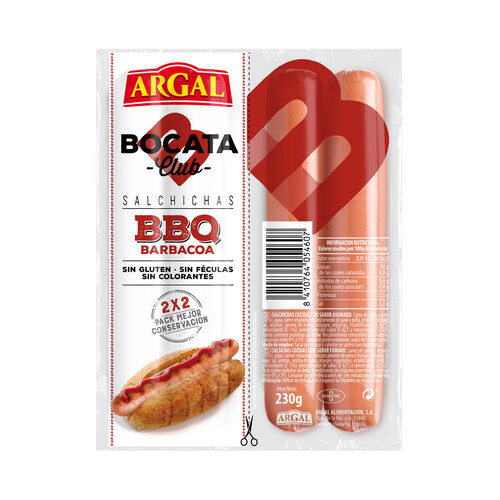 Alcampo ARGAL Bocata club Salchichas de cerdo y pavo cocidas sabor barbacoa ideales para bocadillos 230 g