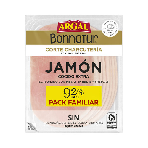 Alcampo ARGAL Bonnatur Jamón cocido extra cortado en lonchas enteras 175 g