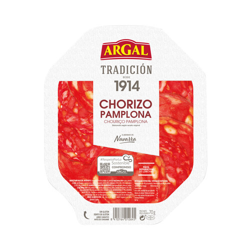 Alcampo ARGAL Chorizo de Pamplona de origen navarro sin gluten y cortado en finas lonchas ARGAL Tradición 70 g