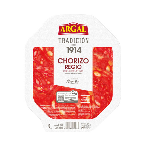 Alcampo ARGAL Chorizo regio de origen navarro sin gluten y cortado en finas lonchas ARGAL Tradición 70 g