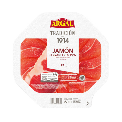 Alcampo ARGAL Jamón serrano reserva (12 meses de curación) cortado en lonchas muy finas ARGAL Tradición 80 g