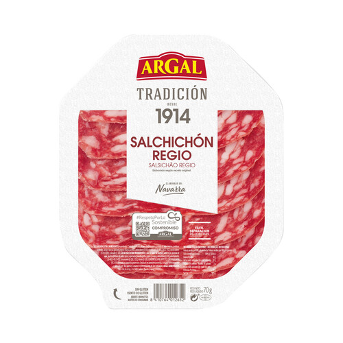 Alcampo ARGAL Salchichón regio de origen navarro sin gluten y cortado en finas lonchas ARGAR Tradición 70 g