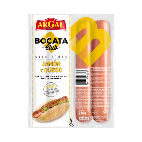 Alcampo ARGAN Bocata club Salchichas de cerdo pavo y pollo cocidas con jamón y queso y sabor ahumado 230 g