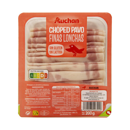 Alcampo AUCHAN Chopped de pavo sin gluten y sin lactosa cortado en finas lonchas 200 g. Producto Alcampo