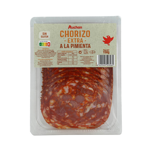 Alcampo AUCHAN Chorizo a la pimienta de categoria extra sin gluten y cortado en lonchas 150 g. Producto Alcampo