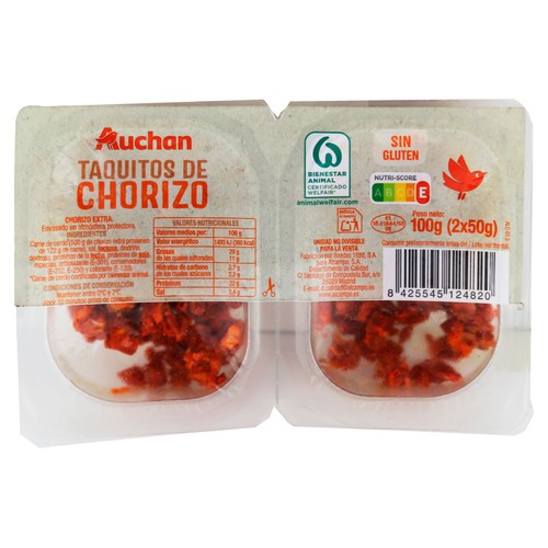 Alcampo AUCHAN Chorizo cortado en taquitos elaborado sin gluten 2 x 50 g. Producto Alcampo