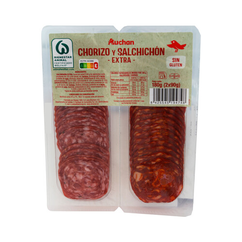 Alcampo AUCHAN Chorizo y salchichón de categoria extra elaborados sin gluten y cortados en lonchas 2 x 90 g. Producto Alcampo