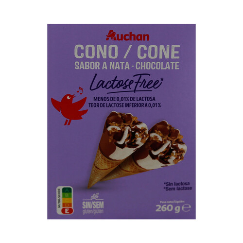 Alcampo AUCHAN Conos de helado de nata y chocolate sin gluten y sin lactosa 4 x 120 ml. Producto Alcampo